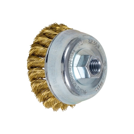 3-1/2 Knot Wire Cup Brush - .014 Brass Wire, 5/8-11 Thread (ext.)